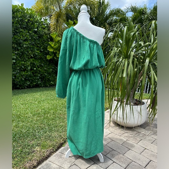 J & L PARIS GREEN COTTON ONE SHOULDER DRESS WITH BELT - Picture 7 of 12